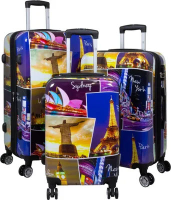 Image de Ensemble de valises à coque rigide avec poignées télescopiques et extension (tailles L et XL) et motif « Five Cities » - tailles M, L et XL