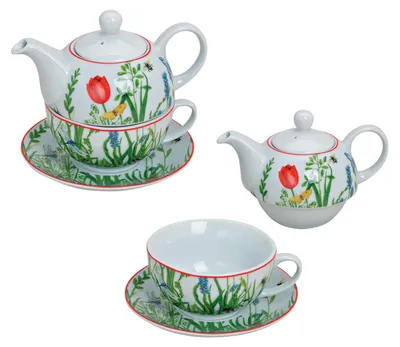 Productafbeelding van Theepotset met kopje+schotel (bloemen) van porselein H/B/D 15/16/15 cm