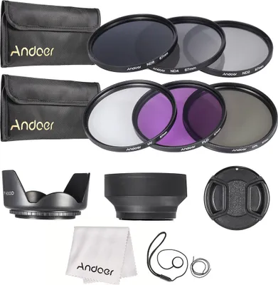 Zdjęcie produktu dla Zestaw filtrów do obiektywów Andoer 67 mm UV + CPL + FLD + ND (ND2 ND4 ND8) z torbą transportową / zaślepkami obiektywu / uchwytem zaślepki obiektywu / tulipanem i gumowymi osłonami obiektywu / ściereczką do czyszczenia