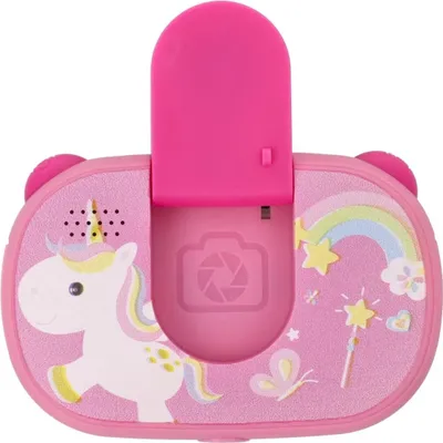 A pink digital camera designed for children, decorated with a unicorn and rainbow theme.