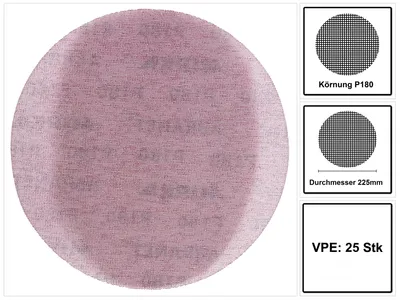 A round, pinkish-purple sanding disc is shown on a white background, with inset images and text detailing its specifications.