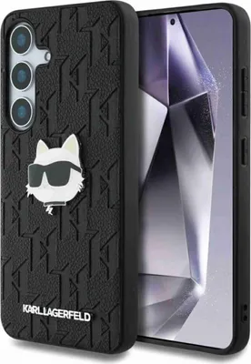 A black phone case with a Karl Lagerfeld monogram pattern and a Choupette cat head pin, placed next to a smartphone.