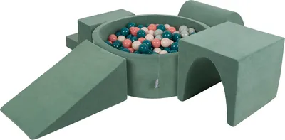 Produktbild von KiddyMoon Spielplatz Velvet Aus Schaumstoff Mit Samt Rund Bällebad (300 Bälle) Ballgruben Für Babys Spielbad Hindernisläufen, Hergestellt In Der EU, Waldgrün: Dunkeltürkis/Pastellbeige/Grüngrau/Lachsf