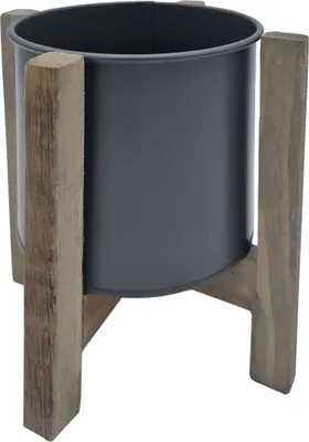 Image de Pot de fleurs gris avec support en bois - environ 20 x 20 cm