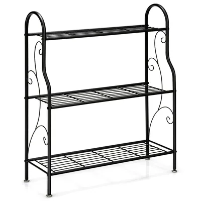 Produktbild von GOPLUS 3 Ebenen Metall Pflanzenständer, Blumentreppe Outdoor, Blumenregal Pflanzentreppe für Garten Balkon, Schwarz (Rechteckig-mit Blumenmuster)