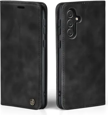 A black flip case for a Samsung Galaxy A54 5G phone is shown from two angles.