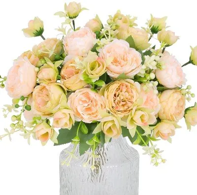 Productafbeelding van Kunstbloemen, pionierstype - Decoratie - Set van 4 - Wit en groen - Zijde