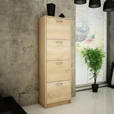 Produktbild von Schuhschrank mit 4 aufklappbaren Schubladen, Schuhregal mit 4 Fächern 50 cm breit weiche abgerundete Kanten, matte Oberfläche, sonoma