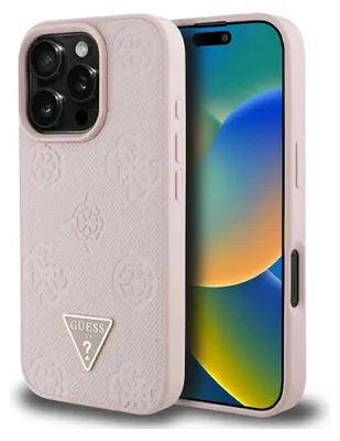 Obrázok produktu pre Guess – Peony Grained Hot Stamp Triangle MagSafe – kryt s MagSafe pre iPhone 16 Pro – ružový
