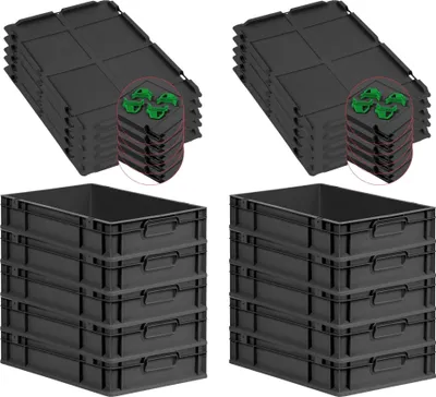 Produktbild von SparSet 10x Eurobox NextGen Grip mit Auflagedeckel inkl. 4 grünen Schiebeschnappverschlüssen | HxBxT 12x40x60cm | 23 Liter | Schwarz | Griffe geschlossen | Eurobehälter, Transportbox, Transportbehälter, Stapelbehälter