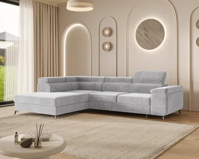 Produktbild von MOEBLO Ecksofa OSTIN – L-Form Wohnlandschaft mit Schlaffunktion, Bettkasten, 6-fach verstellbaren Kopfstützen und Armlehne, 290x75-90x202 cm - Ottomane Links - Silver (Spark 14)