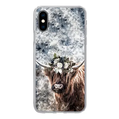 Produktbild von MuchoWow® Handyhülle Schutzhülle Hülle für iPhone X Schottischer Highlander - Rauch - Blumen Silikon Softcase Handy Hülle - Handyhülle