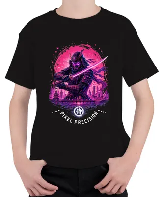 Produktbild von Cyberpunk Samurai Ronin Katana Japan Neon Stadt Retro Y2K Bushido Kinder T-Shirt, Schwarz, 128