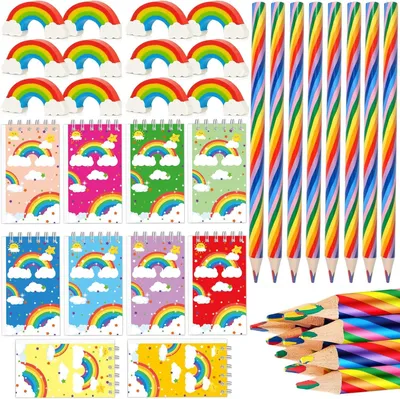 Produktbild von 34-teiliges Regenbogen-Malset, 12 Stifte, 12 Radiergummis, 10 Notizbücher, für Kinder