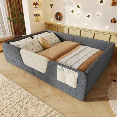Zdjęcie produktu dla Eleganckie łóżeczko tapicerowane z aksamitną tapicerką, zdejmowanymi barierkami zabezpieczającymi i torbą do przechowywania, ekskluzywny design, bez materaca – 140 x 190 cm