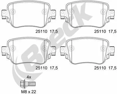 Produktbild von BRECK 25110 00 704 10 Bremsbeläge Satz Hinten Bremsklötze für SKODA Octavia III Combi (5E5) für VW SHARAN (7N1, 7N2) für SEAT Leon ST (5F8)