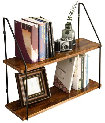 Image de Étagère murale, étagère suspendue à 2 niveaux, étagère murale pour livres, 60 x 20,5 x 53 cm, étagère décorative, fixation murale, pour le salon, la cuisine, le couloir, la chambre à coucher, la salle de bains RF-TM011