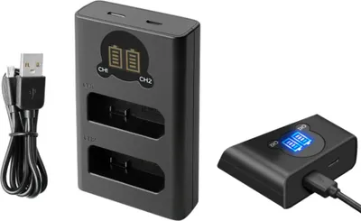 Produktbild von Trade-Shop Dual LCD USB Typ-C Ladegerät Ladestation für Nikon 1 V1, D7100, D750, D7000, D7200, D7500, D500, D600, D610, D780, D800, D810, D810E, D850