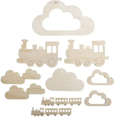 Immagine prodotto di Ciondolo in legno con treni e nuvole, naturale, per cellulare