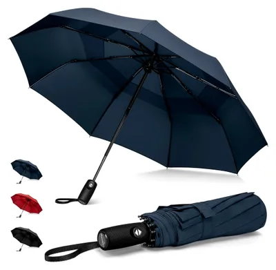 Produktbild von Sturmfester Taschenschirm mit Automatik, kleiner stabiler Regenschirm 44,5 Zoll für Herren und Damen