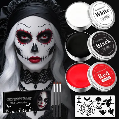 Obrázok produktu pre Sada na líčenie na Halloween: farby na tvár a telo, biela, čierna, červená, 180 g, 3 štetce