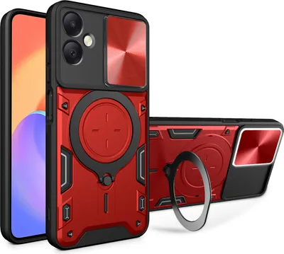 Produktbild von Handyhülle für Samsung Galaxy A06 Dual-Layer Stoßfest Rüstung Hülle mit Dia Kameraschutz und Kreisförmig Ring Ständer Rot