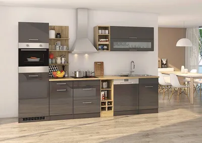 Produktbild von Küchenblock Mailand 310 cm grau hochglanz mit Geschirrspüler und Glaskeramik Kochfeld