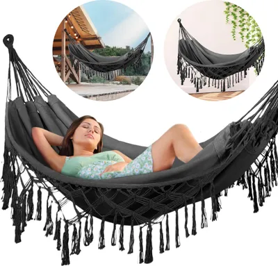 Produktbild von Luverno® Hängematte XXL - 200x150 cm, bis 200kg - Boho Baumwoll Hammock für Outdoor, Garten, Balkon - für Kinder und Erwachsene - Grau