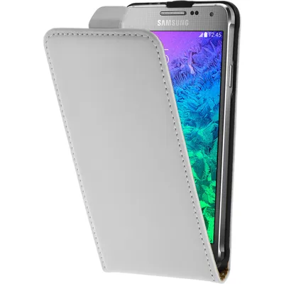 Produktbild von PhoneNatic Kunst-Lederhülle kompatibel mit Samsung Galaxy Alpha - Flip-Case weiß + 2 Schutzfolien