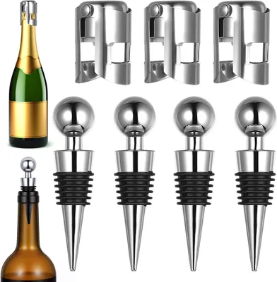 Imagen del producto de Tapones para botellas de champán y 4 tapones de acero inoxidable para botellas, ideales para cerrar champán y vino. Son herméticos, reutilizables y perfectos para el hogar, la barra o la cocina