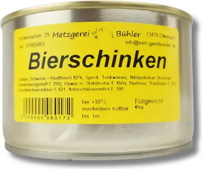 Produktbild von Bierschinken in der Dose Dosenwurst Wurstkonserve | Metzgerei Bühler – 400g