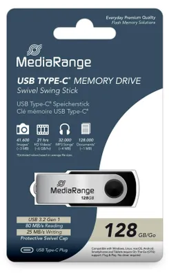 Produktbild von MediaRange MR1954, 128 GB, USB Typ-C, 3.2 Gen 1 (3.1 Gen 1), 80 MB/s, Drehring, Schwarz, Silber