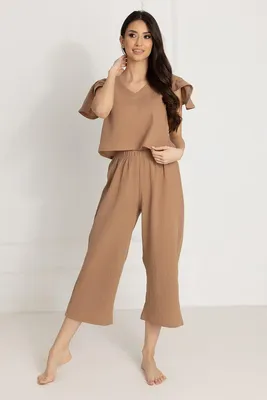 Produktbild von DOLCE SONNO Damenpyjama Chiara – 100% Musselin-Baumwolle – Leicht & Atmungsaktiv – Toffee, Größe M