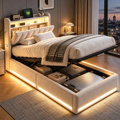 Imagen del producto de Cama tapizada INONEFT de 90x200 cm con cajón, cama juvenil con LED y espacio de almacenamiento, cabecero con compartimento oculto, cama con sistema hidráulico de almacenamiento, terciopelo, color beige