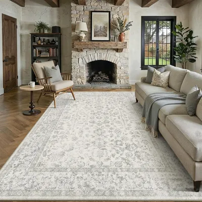 Obrázok produktu pre Koberec do obývačky, sivý, vintage štýl, 240x300 cm, krátky vlas, mikrovlákno, umývateľný, protišmykový