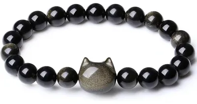 Image de Bracelet pour femme, motif chat, perles d'obsidienne de 8 mm, style mignon, symbole de chance, cadeau, bijou