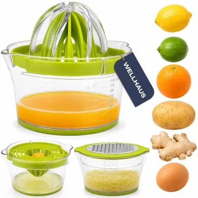 Immagine prodotto di WELLHAUS Spremiagrumi 4-in-1, 400 ml: spremiagrumi manuale, grattugia, separatore di tuorlo