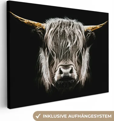 Produktbild von MuchoWow® - Leinwandbilder - Schottischer Highlander - Gold - Hörner - Schwarz und weiß - Kuh - Tiere, Wandbild, Wanddeko Bilder Wohnzimmer, 120x90 cm