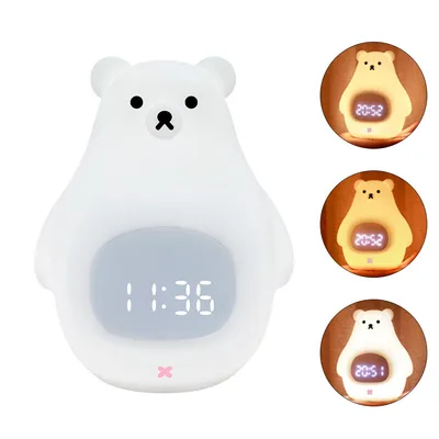 A white bear-shaped alarm clock with a digital display and three smaller circular images showing the clock lit up in different colors.