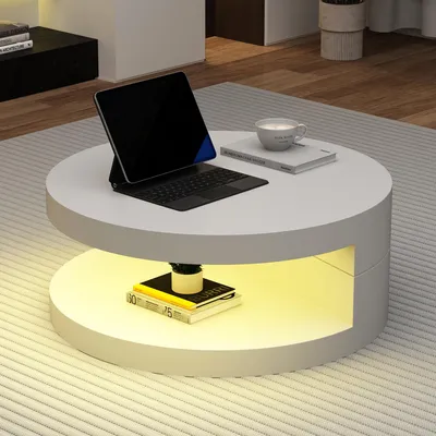 Image de MODFU Table Basse Moderne - Meuble de Salon Blanc avec Éclairage LED 16 Couleurs et Plateau Rotatif 360°, 70x70x35,5 cm