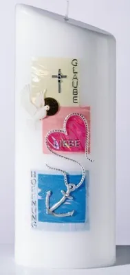 Produktbild von Taufkerze 23 x 9 cm mit Namensverzierung (Vornamen + Taufdatum) und Geschenkkarton, Nr. T8