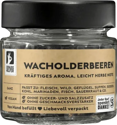 Produktbild von Wacholderbeeren, ganz, getrocknete Beeren, für Sauerkraut, Sauerbraten und Wacholder Tee, 50g im Glas