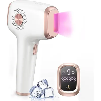 A white and rose gold hair removal device with a pink laser emitting from the tip, placed next to some ice cubes and a small digital display.
