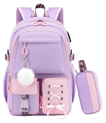 Image de Omgoods - Ensemble sac à dos 2 en 1 pour filles avec étui - Imperméable, violet et rose