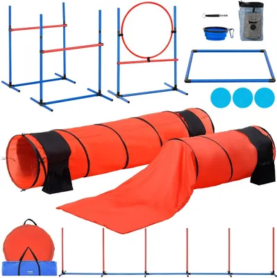 Obrázek produktu pro Sada 7 kusů vybavení pro výcvik agility psů, vylepšená o překážky a 2 tunely s kruhem