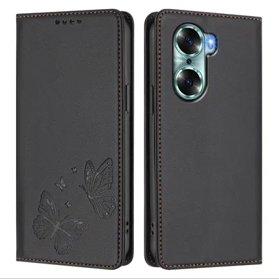 Obrázek produktu pro Kožené pouzdro pro Honor 60, motýlí ražbou, peněženkové flip pouzdro se stojánkem Černá