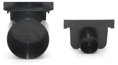 Two black plastic drain components are shown from different angles on a white background.