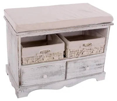 Produktbild von Sitzbankkommode mit 2 Körben 42x62x33cm, Shabby-Look, Vintage - weiß