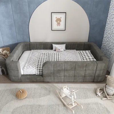 Immagine prodotto di Letto a soppalco per bambini 90x190 cm con protezioni laterali e scala, letto basso per bambini con rivestimento in chenille e rete a doghe, colore grigio