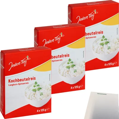 Produktbild von Jeden Tag Spitzenlangkorn Reis Kochbeutel 3er Pack (3x4x125g Packung) + usy Block